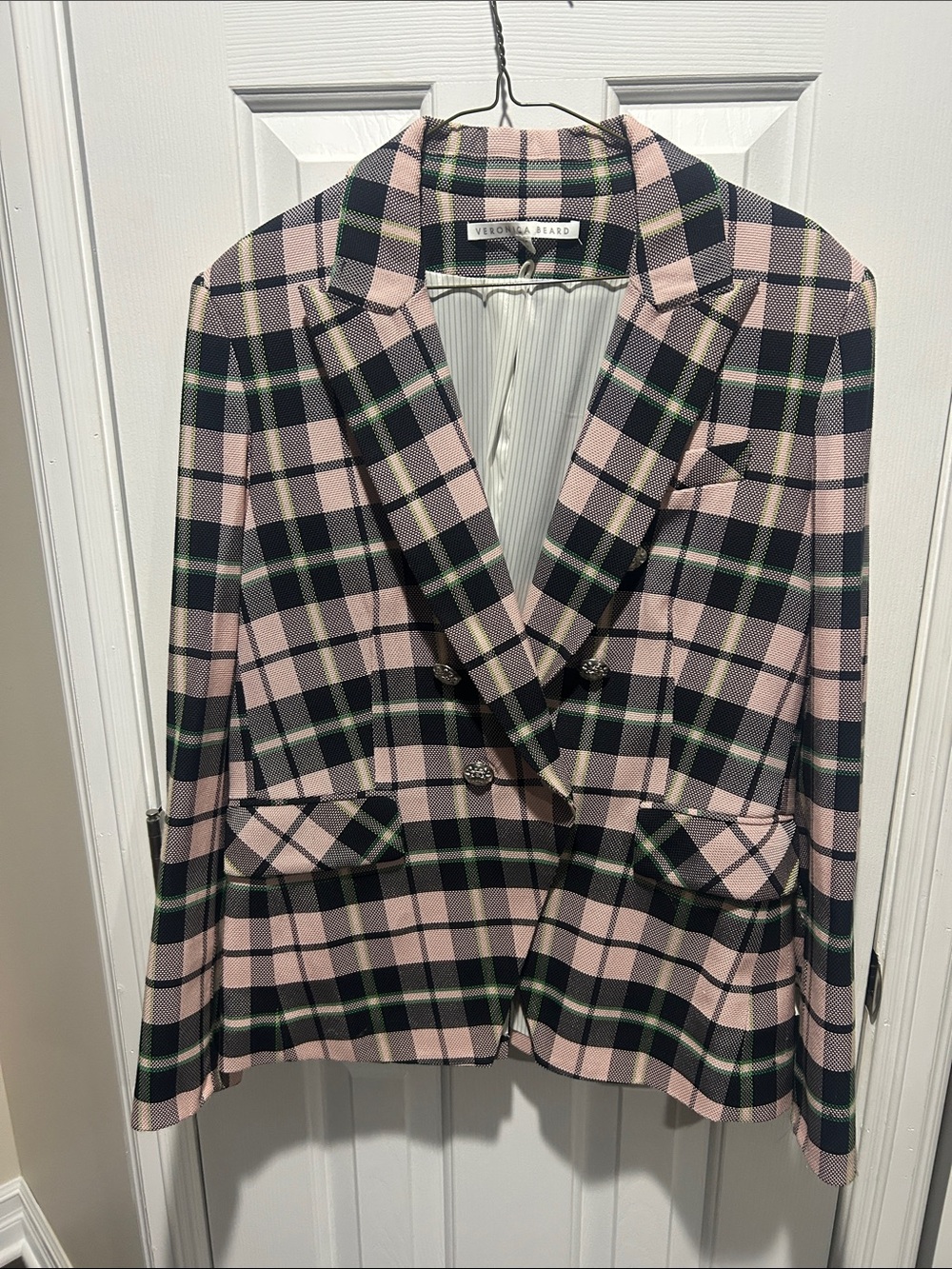 Veronica Beard Pink and Black Plaid Double-Breasted Blazer